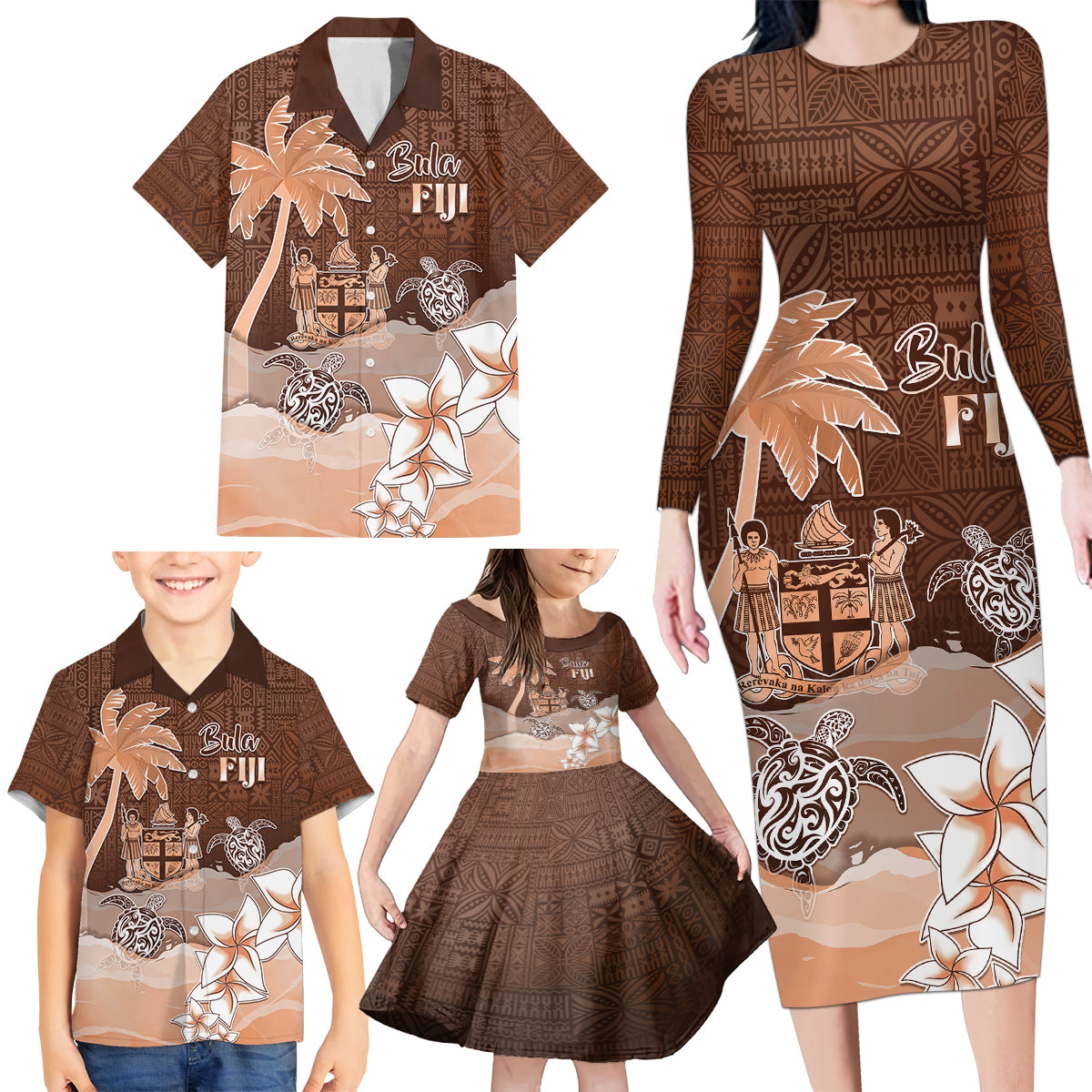 Personalised Bula Fiji Family Matching Long Sleeve Bodycon Dress and Hawaiian Shirt Fijian Masi Pattern With Brown Coat Of Arms LT05 - Polynesian Pride