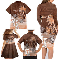 Personalised Bula Fiji Family Matching Long Sleeve Bodycon Dress and Hawaiian Shirt Fijian Masi Pattern With Brown Coat Of Arms LT05 - Polynesian Pride
