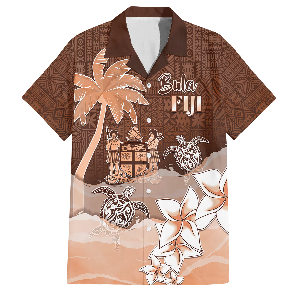 Personalised Bula Fiji Family Matching Off Shoulder Short Dress and Hawaiian Shirt Fijian Masi Pattern With Brown Coat Of Arms LT05 Dad's Shirt - Short Sleeve Brown - Polynesian Pride
