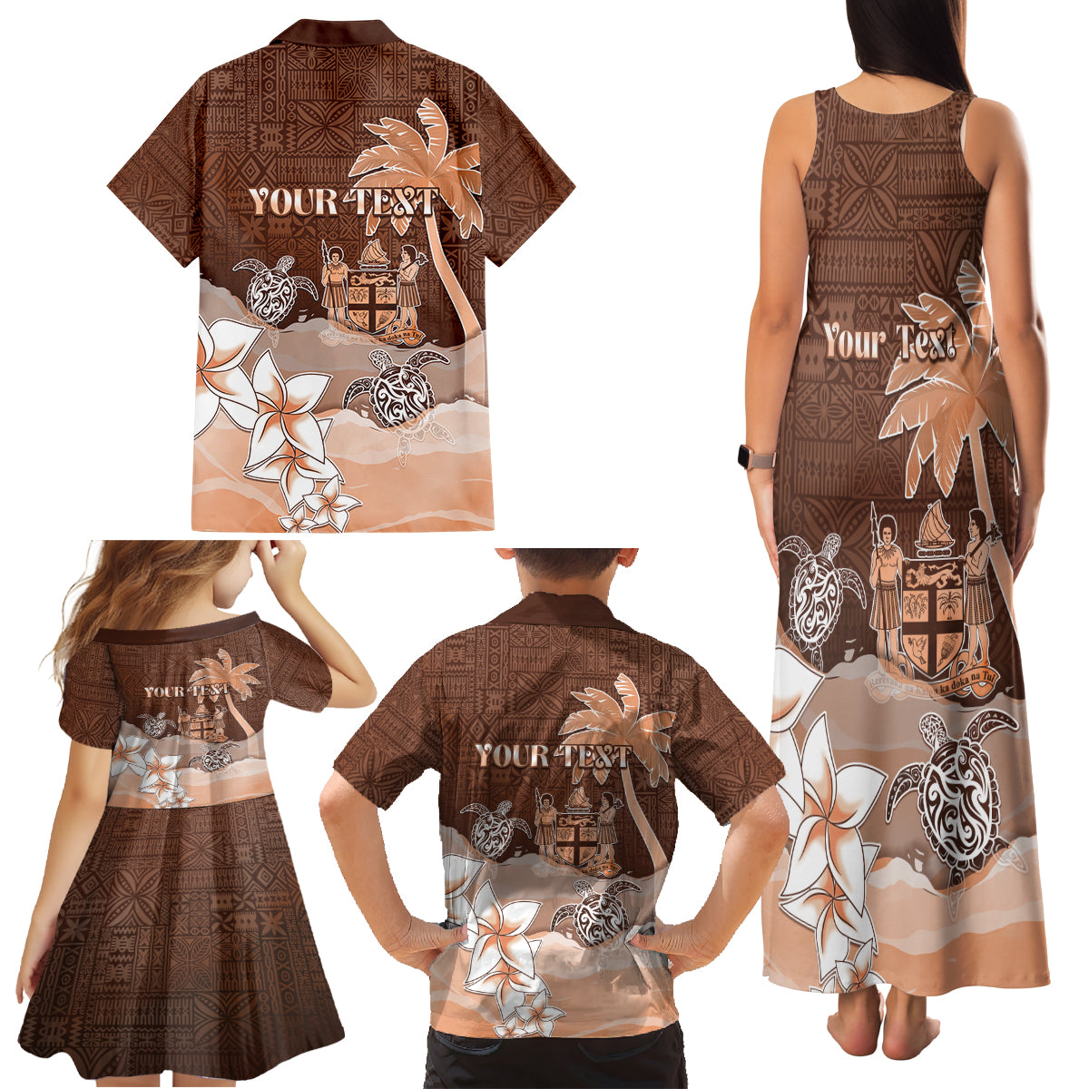 Personalised Bula Fiji Family Matching Tank Maxi Dress and Hawaiian Shirt Fijian Masi Pattern With Brown Coat Of Arms LT05 - Polynesian Pride