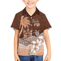 Personalised Bula Fiji Family Matching Tank Maxi Dress and Hawaiian Shirt Fijian Masi Pattern With Brown Coat Of Arms LT05 Son's Shirt Brown - Polynesian Pride