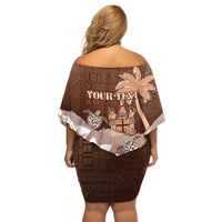 Personalised Bula Fiji Off Shoulder Short Dress Fijian Masi Pattern With Brown Coat Of Arms LT05 - Polynesian Pride