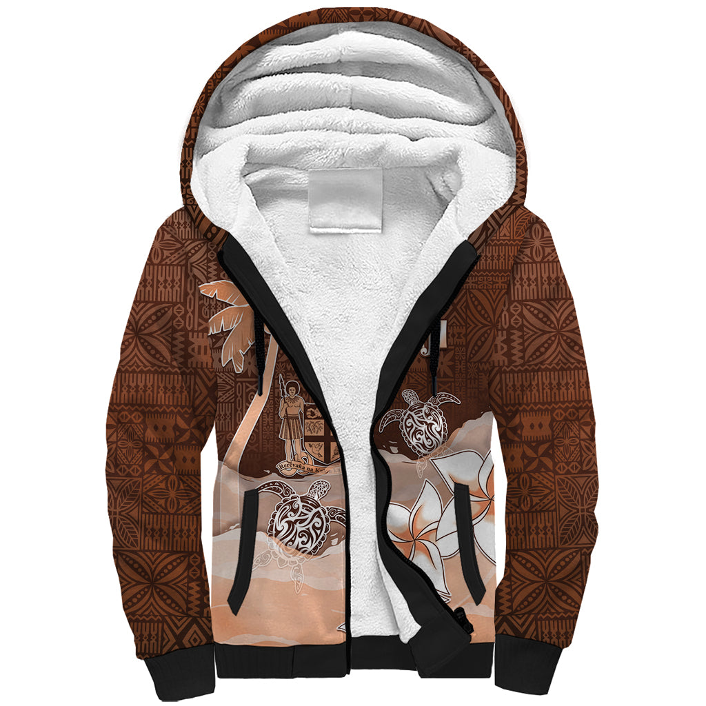 Personalised Bula Fiji Sherpa Hoodie Fijian Masi Pattern With Brown Coat Of Arms LT05 Unisex Brown - Polynesian Pride