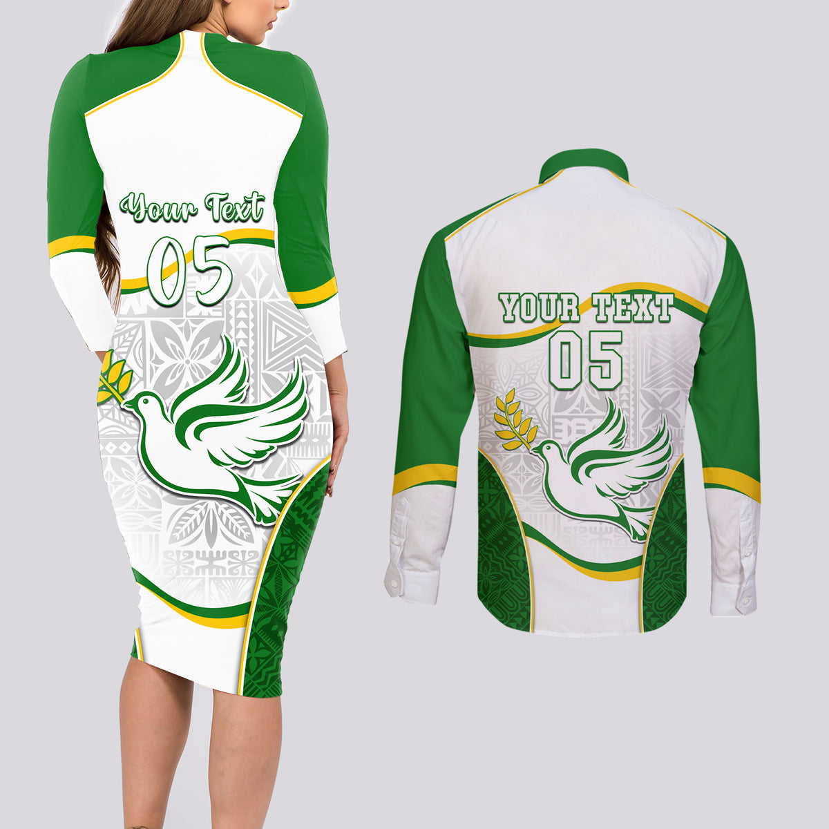 Custom Tailevu Rugby Couples Matching Long Sleeve Bodycon Dress and Long Sleeve Button Shirt Fiji Tapa Pattern LT05 - Polynesian Pride