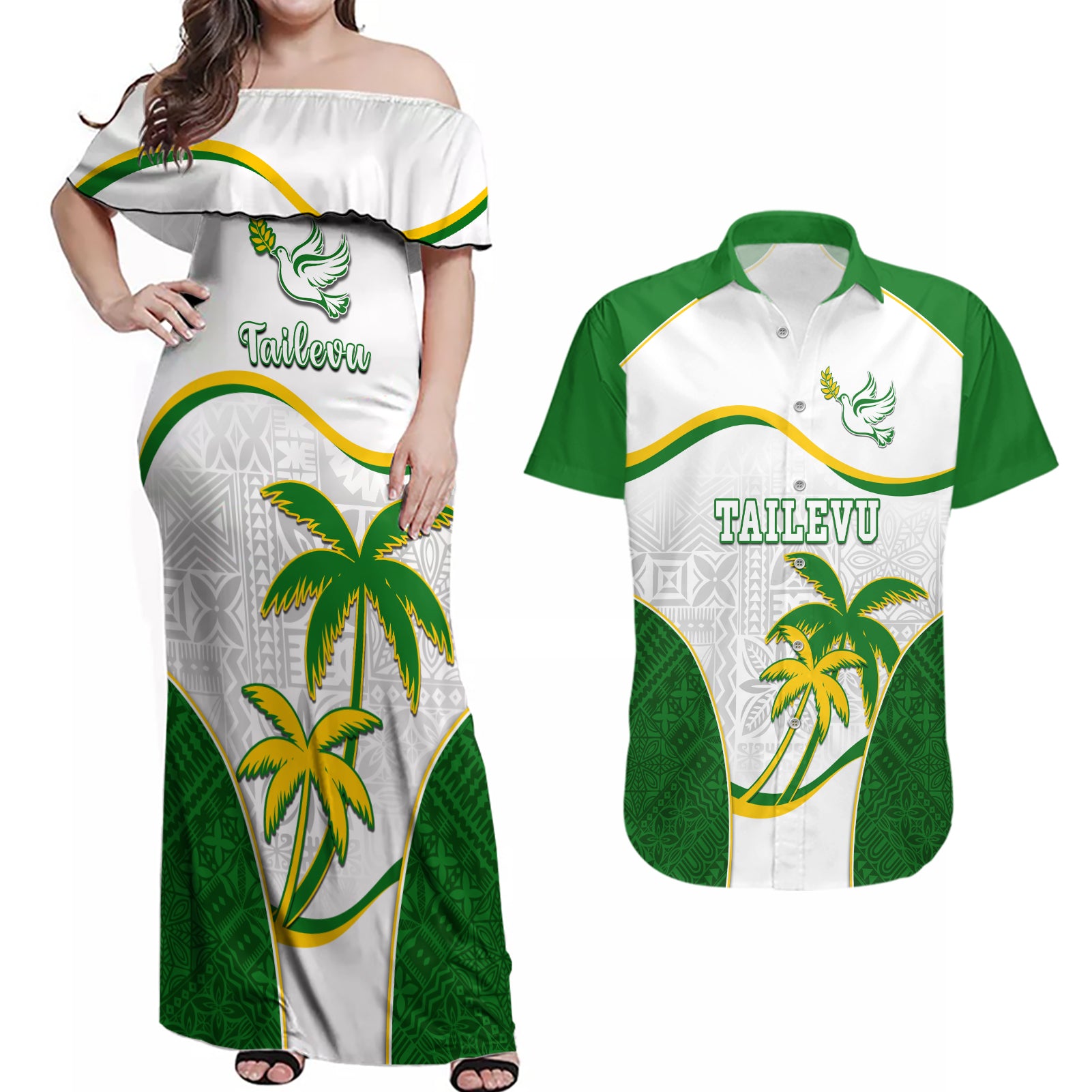 Custom Tailevu Rugby Couples Matching Off Shoulder Maxi Dress and Hawaiian Shirt Fiji Tapa Pattern LT05 Green - Polynesian Pride