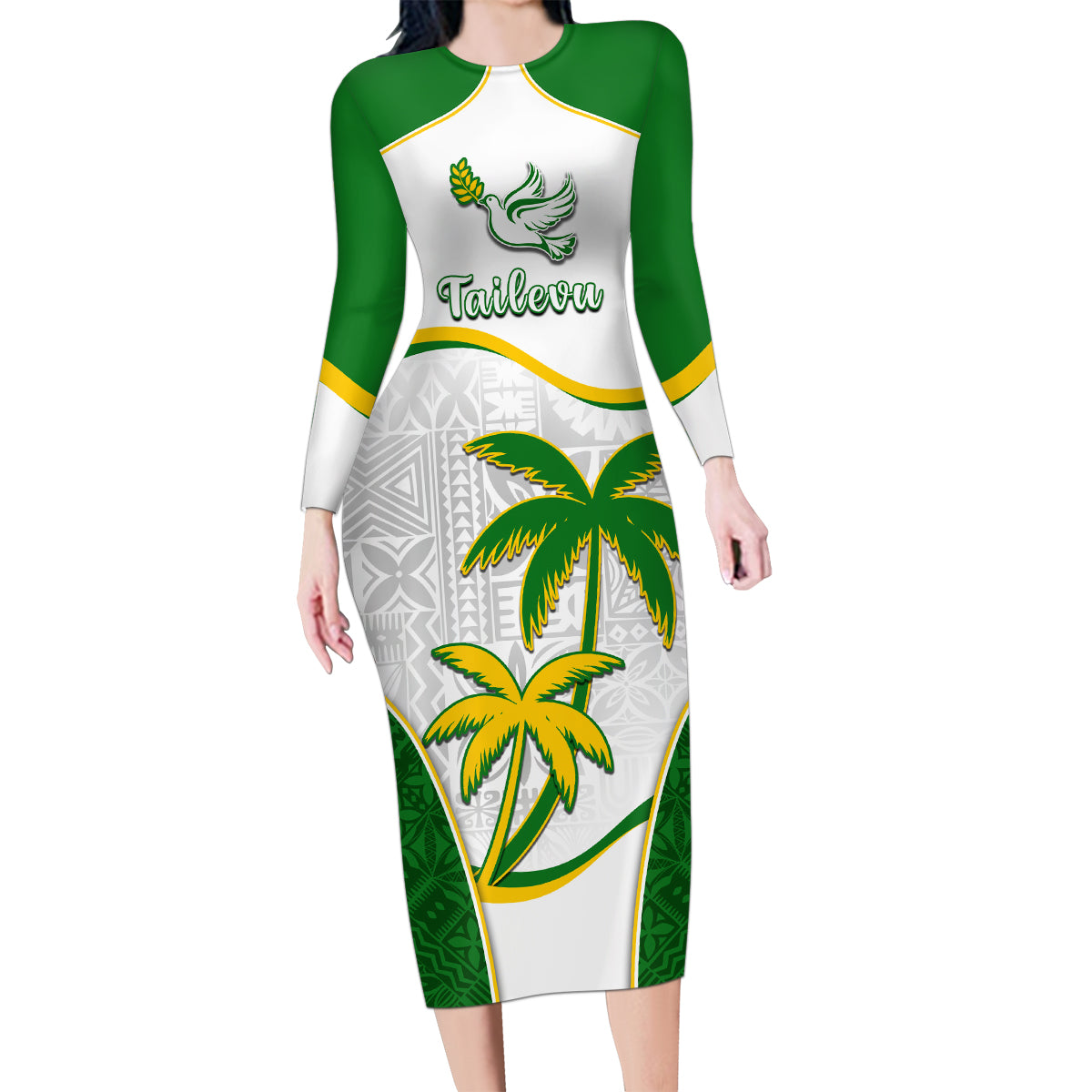 Custom Tailevu Rugby Family Matching Long Sleeve Bodycon Dress and Hawaiian Shirt Fiji Tapa Pattern LT05 Mom's Dress Green - Polynesian Pride