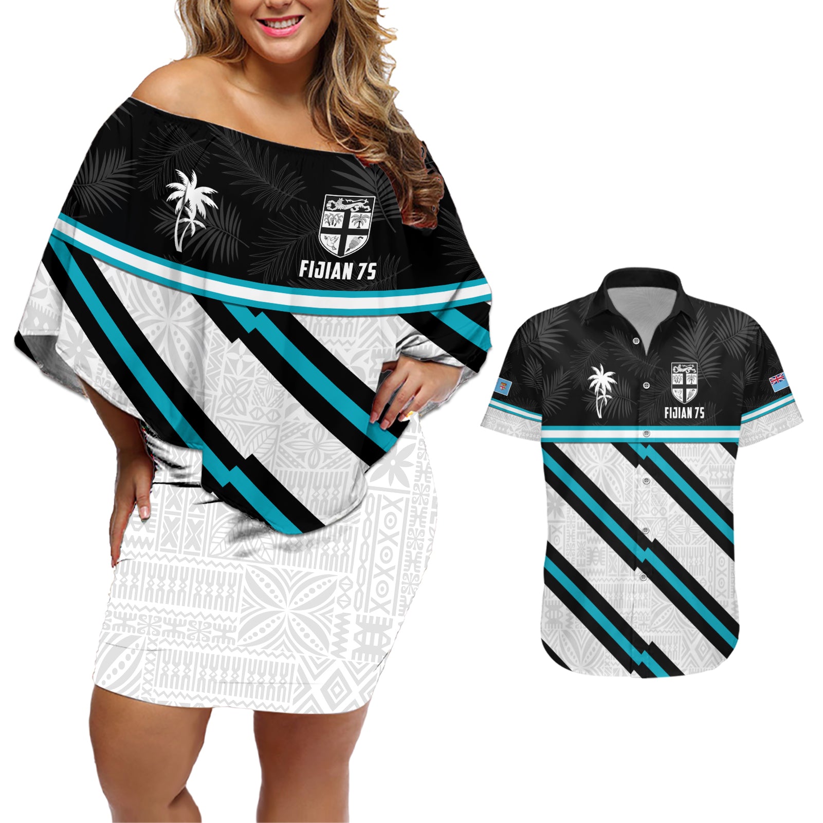 Custom Fiji Rugby Couples Matching Off Shoulder Short Dress and Hawaiian Shirt Fijian 7s With Tapa Pattern LT05 White - Polynesian Pride