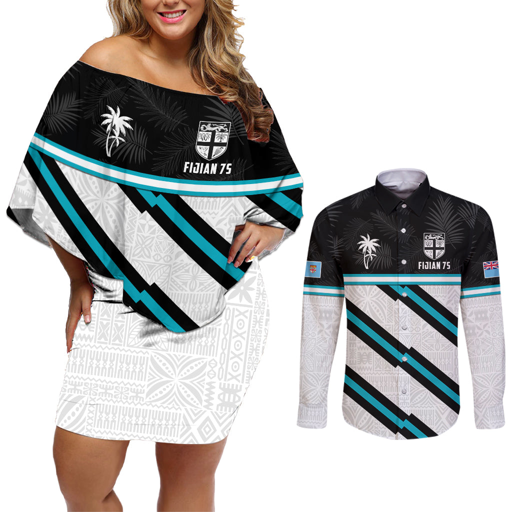 Custom Fiji Rugby Couples Matching Off Shoulder Short Dress and Long Sleeve Button Shirt Fijian 7s With Tapa Pattern LT05 White - Polynesian Pride