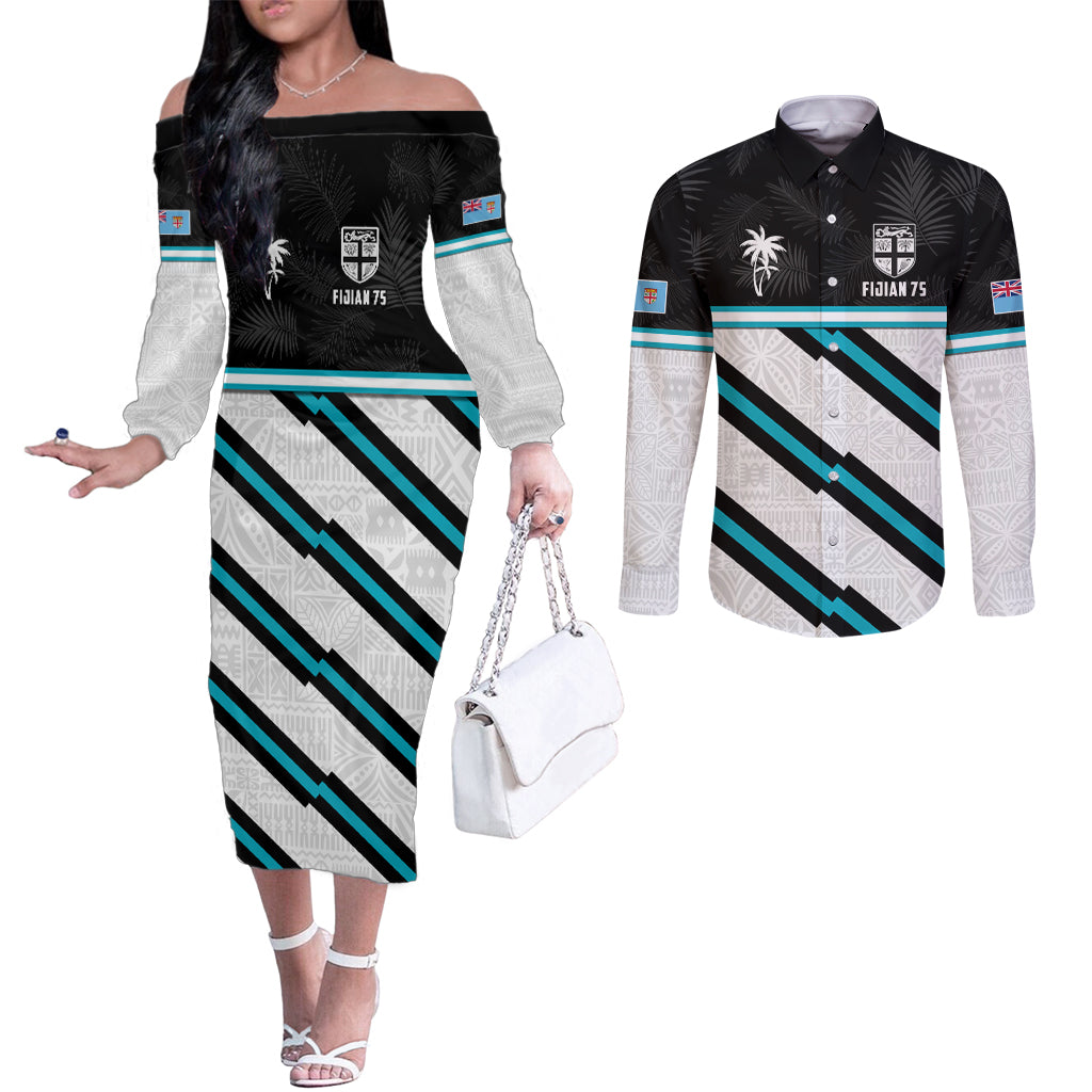 Custom Fiji Rugby Couples Matching Off The Shoulder Long Sleeve Dress and Long Sleeve Button Shirt Fijian 7s With Tapa Pattern LT05 White - Polynesian Pride