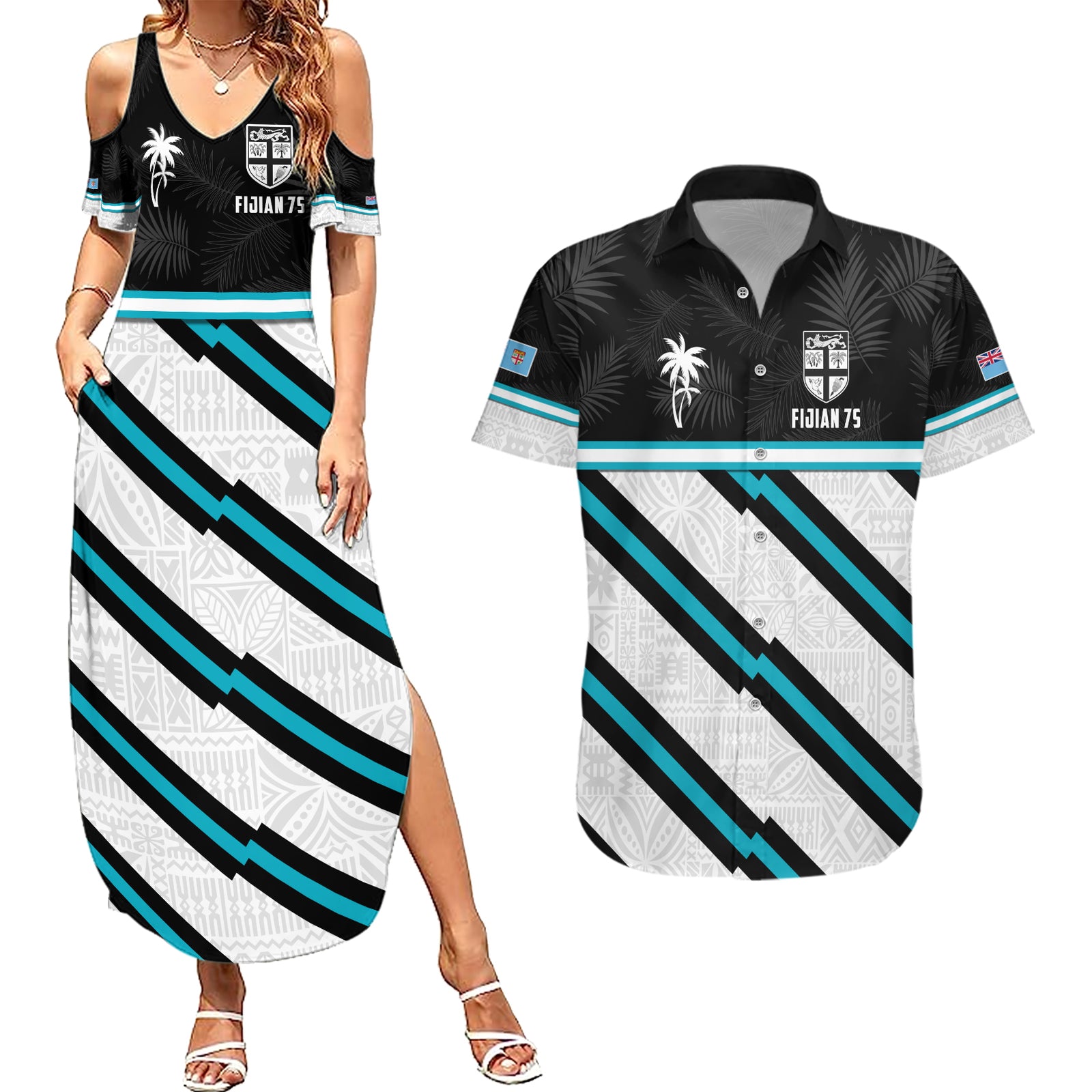 Custom Fiji Rugby Couples Matching Summer Maxi Dress and Hawaiian Shirt Fijian 7s With Tapa Pattern LT05 White - Polynesian Pride