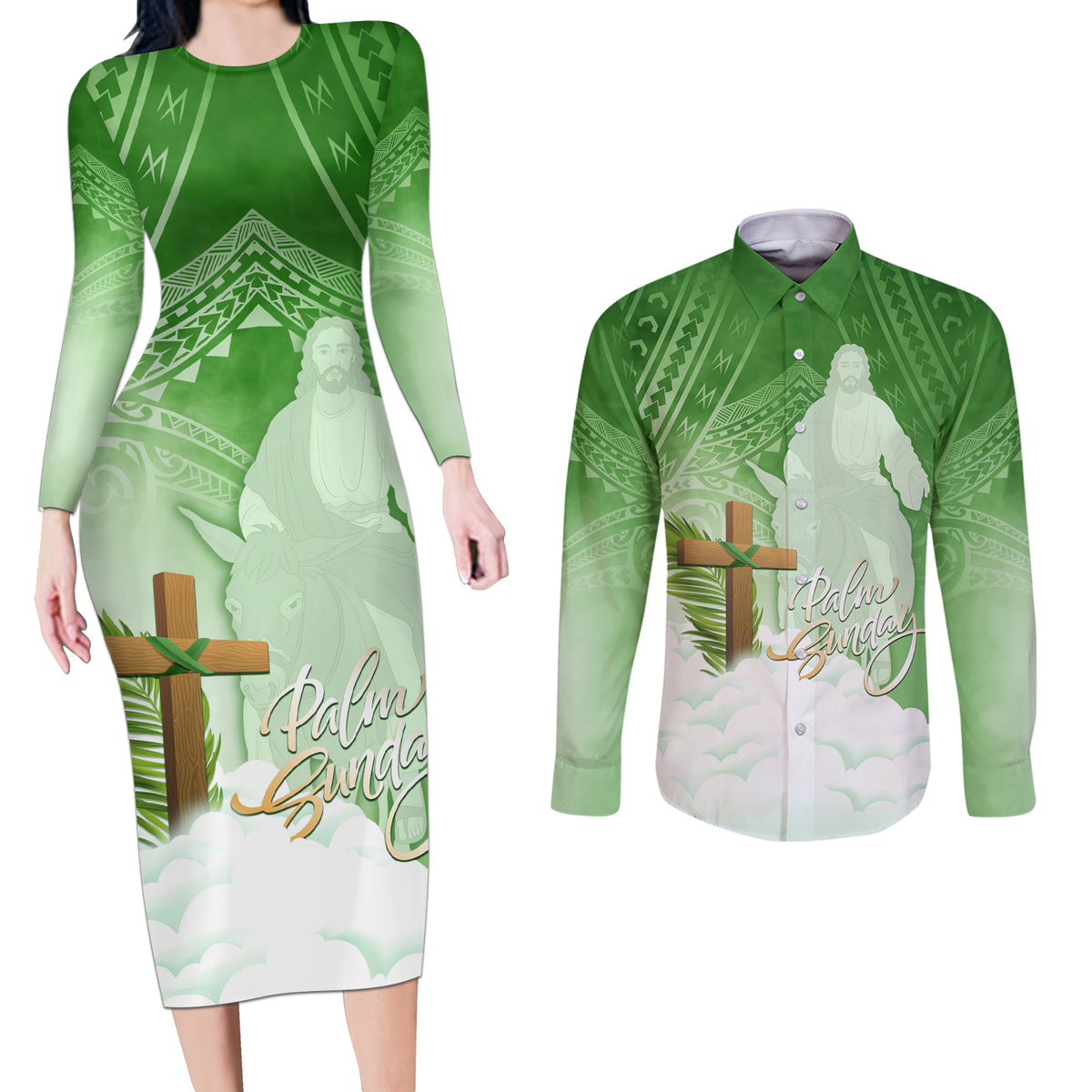 Happy Palm Sunday Couples Matching Long Sleeve Bodycon Dress and Long Sleeve Button Shirt With Polynesian Pattern LT05 Green - Polynesian Pride