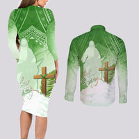Happy Palm Sunday Couples Matching Long Sleeve Bodycon Dress and Long Sleeve Button Shirt With Polynesian Pattern LT05 - Polynesian Pride