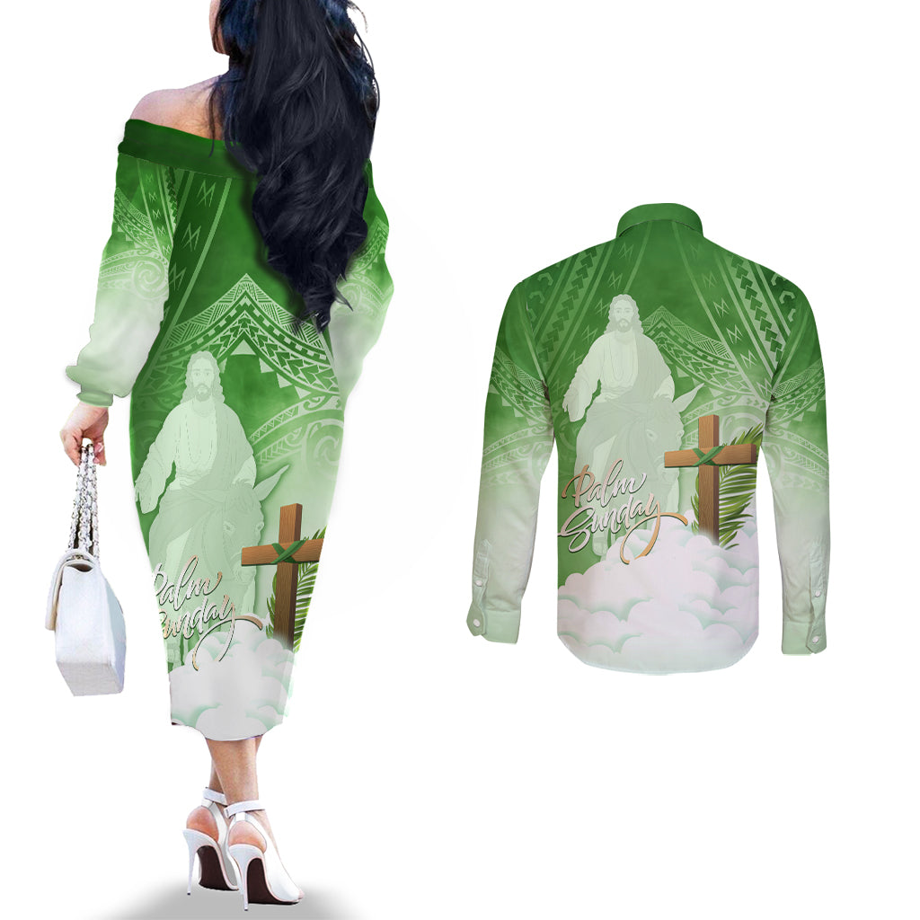 Happy Palm Sunday Couples Matching Off The Shoulder Long Sleeve Dress and Long Sleeve Button Shirt With Polynesian Pattern LT05 - Polynesian Pride