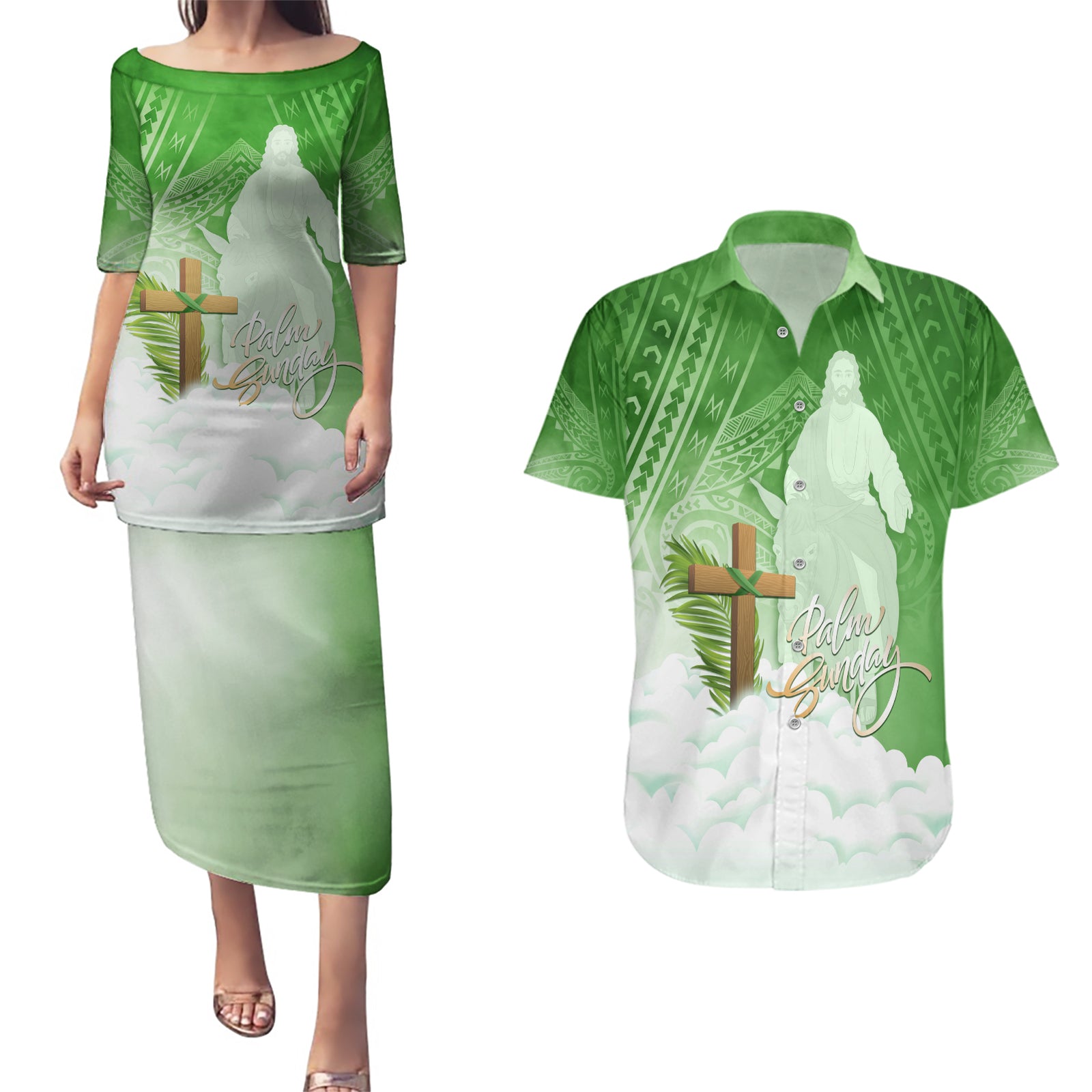 Happy Palm Sunday Couples Matching Puletasi and Hawaiian Shirt With Polynesian Pattern LT05 Green - Polynesian Pride