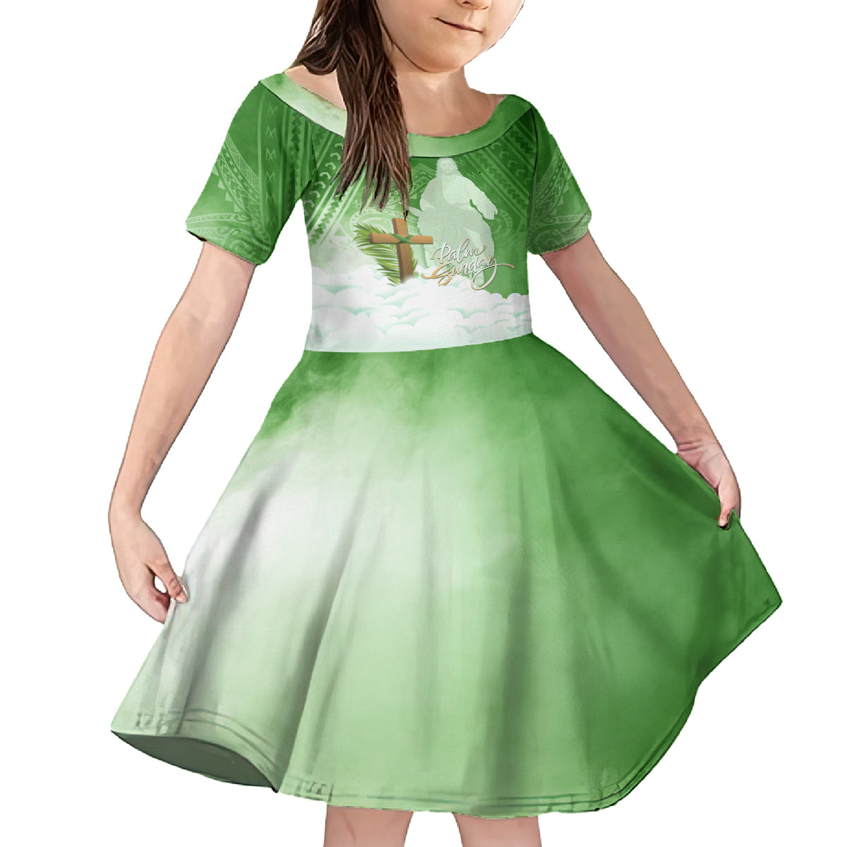 Happy Palm Sunday Family Matching Summer Maxi Dress and Hawaiian Shirt With Polynesian Pattern LT05 Daughter's Dress Green - Polynesian Pride
