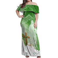 Happy Palm Sunday Off Shoulder Maxi Dress With Polynesian Pattern LT05 Women Green - Polynesian Pride