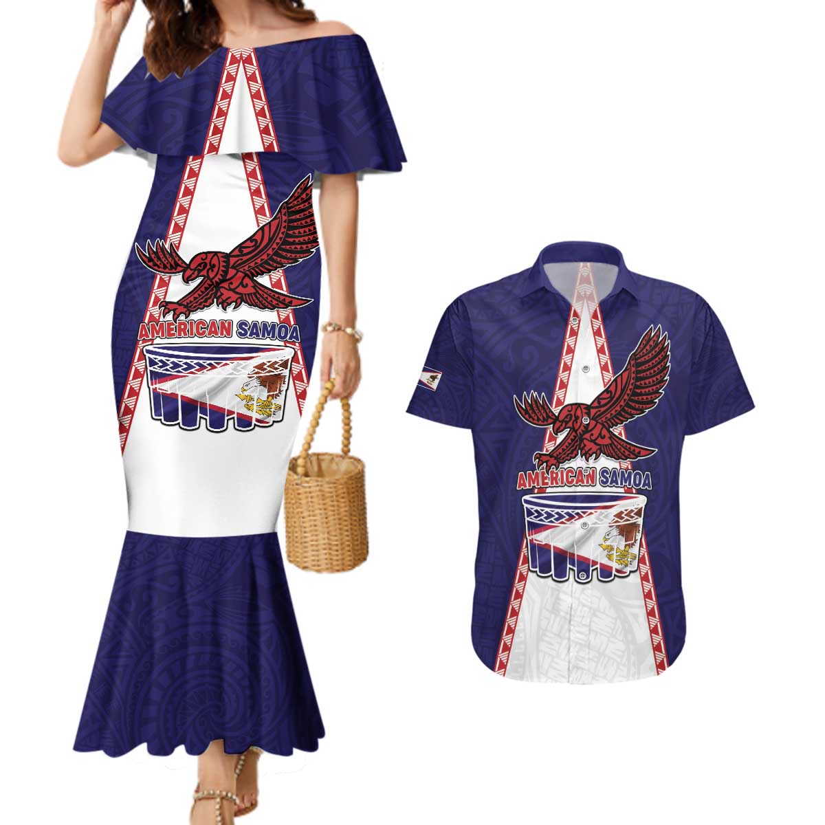 Personalised American Samoa Flag Day Couples Matching Mermaid Dress and Hawaiian Shirt Flag Style