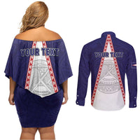 Personalised American Samoa Flag Day Couples Matching Off Shoulder Short Dress and Long Sleeve Button Shirt Flag Style