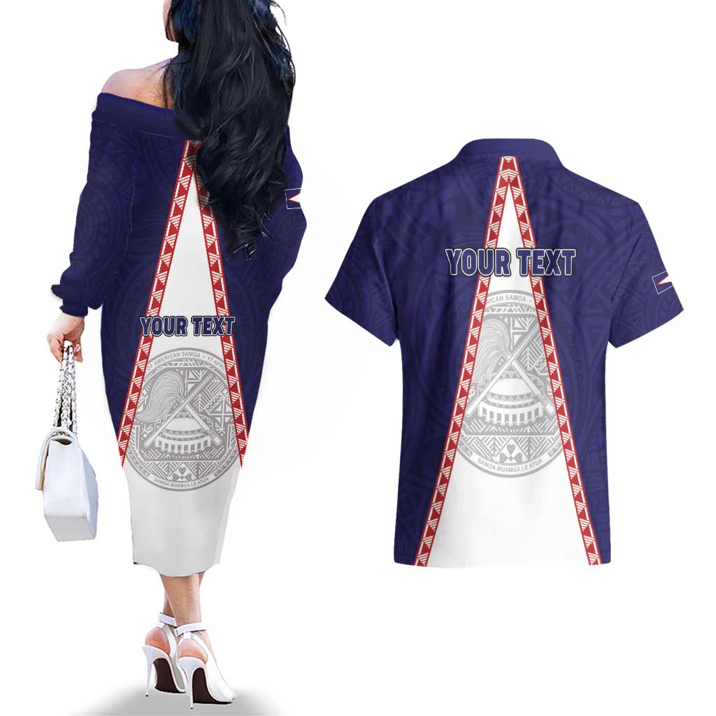 Personalised American Samoa Flag Day Couples Matching Off The Shoulder Long Sleeve Dress and Hawaiian Shirt Flag Style