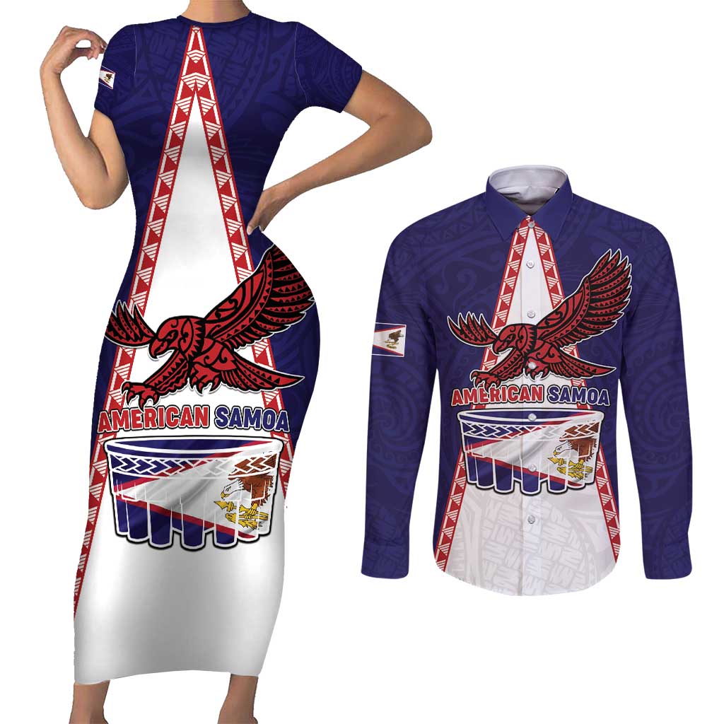 Personalised American Samoa Flag Day Couples Matching Short Sleeve Bodycon Dress and Long Sleeve Button Shirt Flag Style