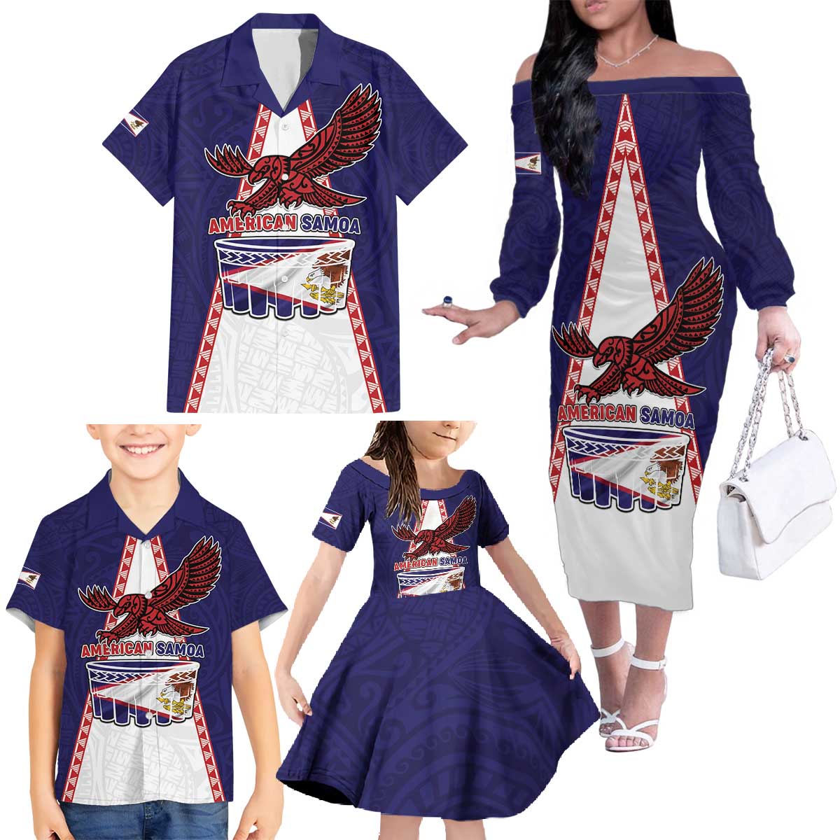 Personalised American Samoa Flag Day Family Matching Off The Shoulder Long Sleeve Dress and Hawaiian Shirt Flag Style