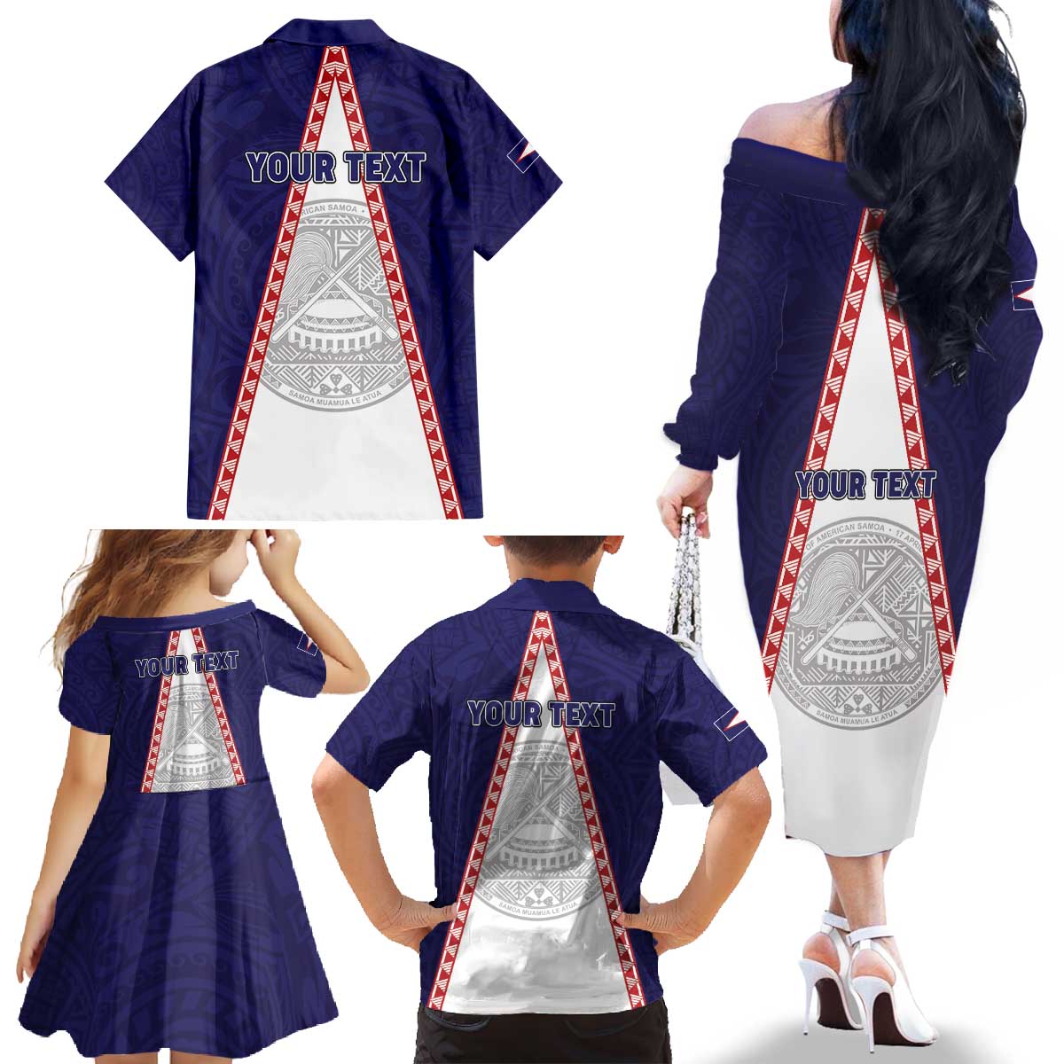 Personalised American Samoa Flag Day Family Matching Off The Shoulder Long Sleeve Dress and Hawaiian Shirt Flag Style