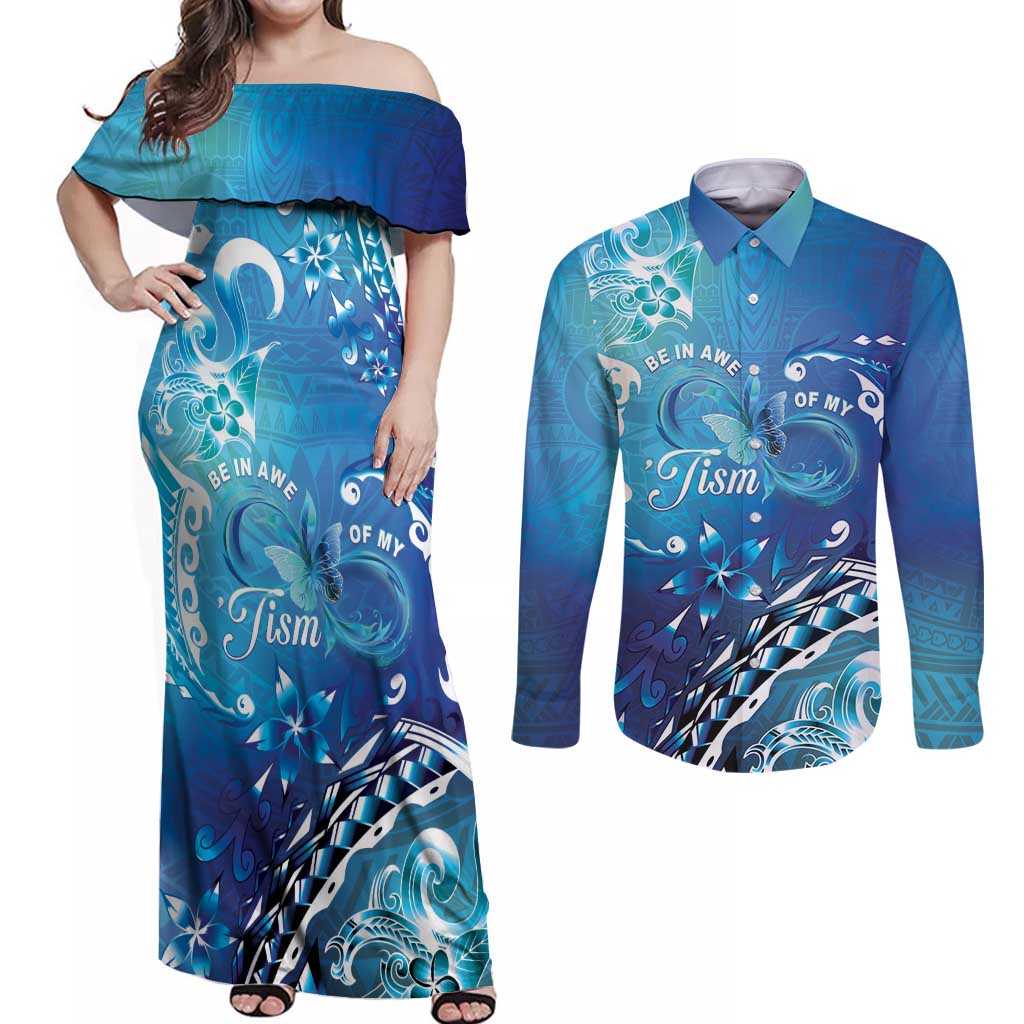Polynesia Autism Awareness Couples Matching Off Shoulder Maxi Dress and Long Sleeve Button Shirt Be In Awe Of My 'Tism