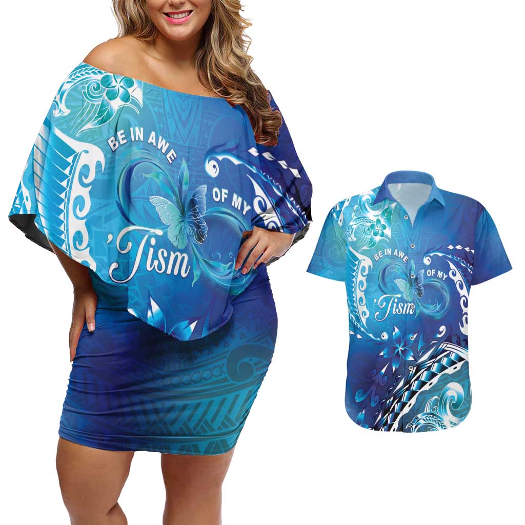 Polynesia Autism Awareness Couples Matching Off Shoulder Short Dress and Hawaiian Shirt Be In Awe Of My 'Tism
