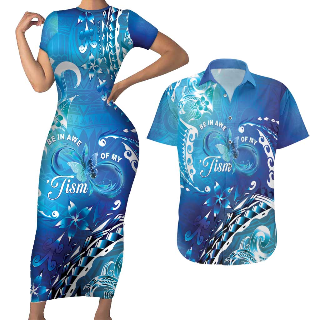 Polynesia Autism Awareness Couples Matching Short Sleeve Bodycon Dress and Hawaiian Shirt Be In Awe Of My 'Tism