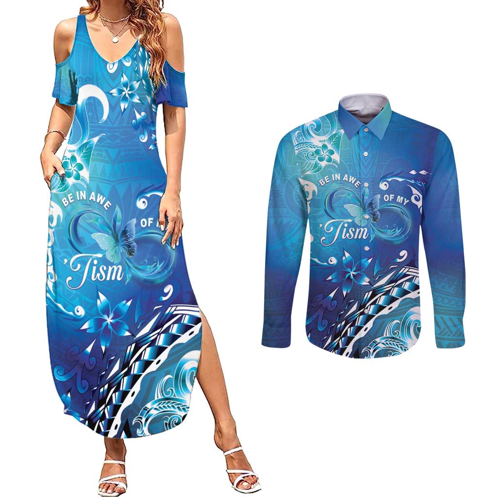 Polynesia Autism Awareness Couples Matching Summer Maxi Dress and Long Sleeve Button Shirt Be In Awe Of My 'Tism