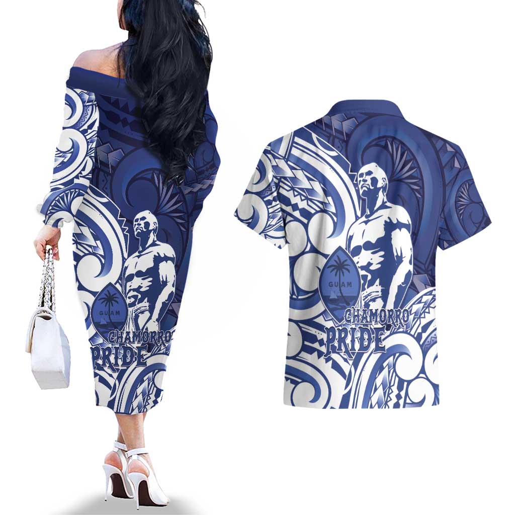 Guam Chief Kepuha Couples Matching Off The Shoulder Long Sleeve Dress and Hawaiian Shirt Chamorro Pride