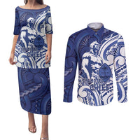 Guam Chief Kepuha Couples Matching Puletasi and Long Sleeve Button Shirt Chamorro Pride LT05 Blue - Polynesian Pride