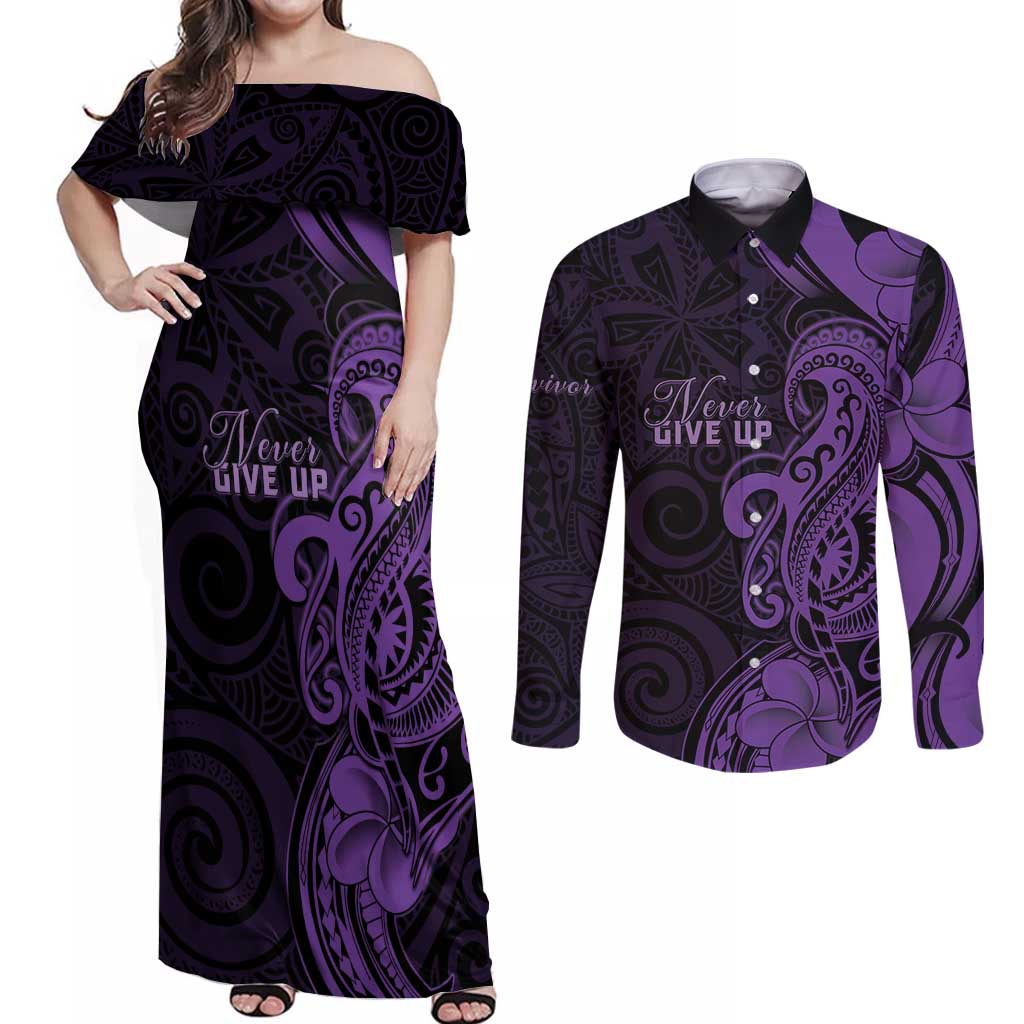 Personalised Lupus Warrior Couples Matching Off Shoulder Maxi Dress and Long Sleeve Button Shirt Never Give Up Polynesian Style LT05 Purple - Polynesian Pride