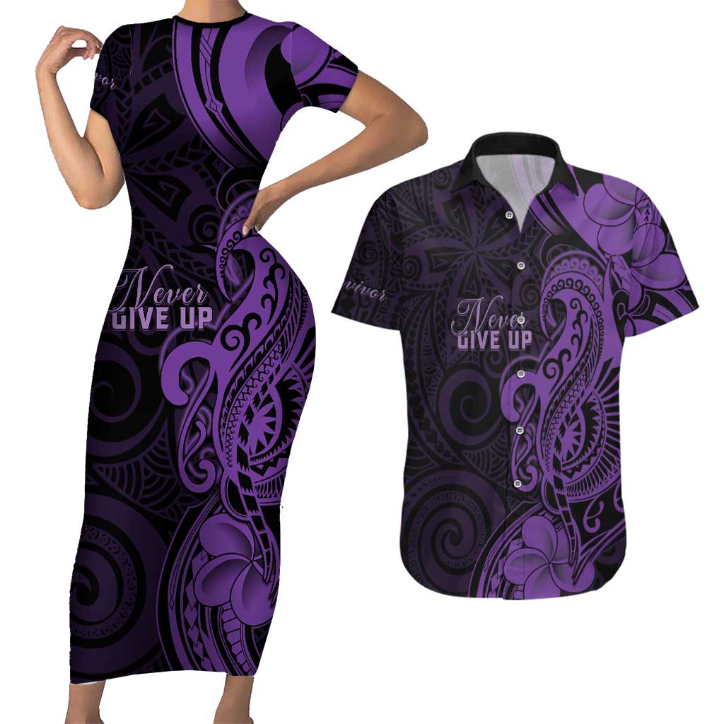 Personalised Lupus Warrior Couples Matching Short Sleeve Bodycon Dress and Hawaiian Shirt Never Give Up Polynesian Style LT05 Purple - Polynesian Pride