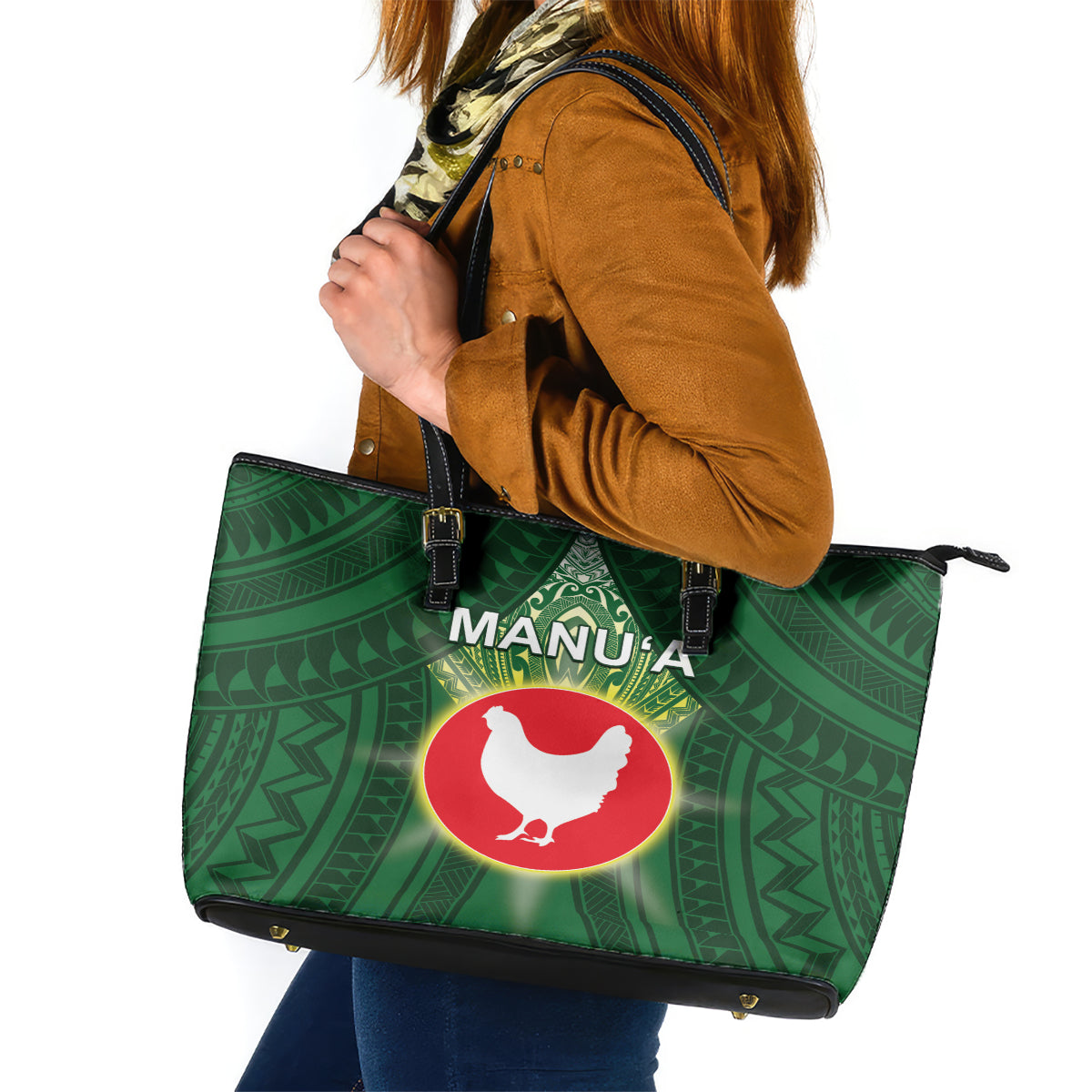 American Samoa Manu'a Cession Day Leather Tote Bag With Polynesian Pattern LT05 Green - Polynesian Pride