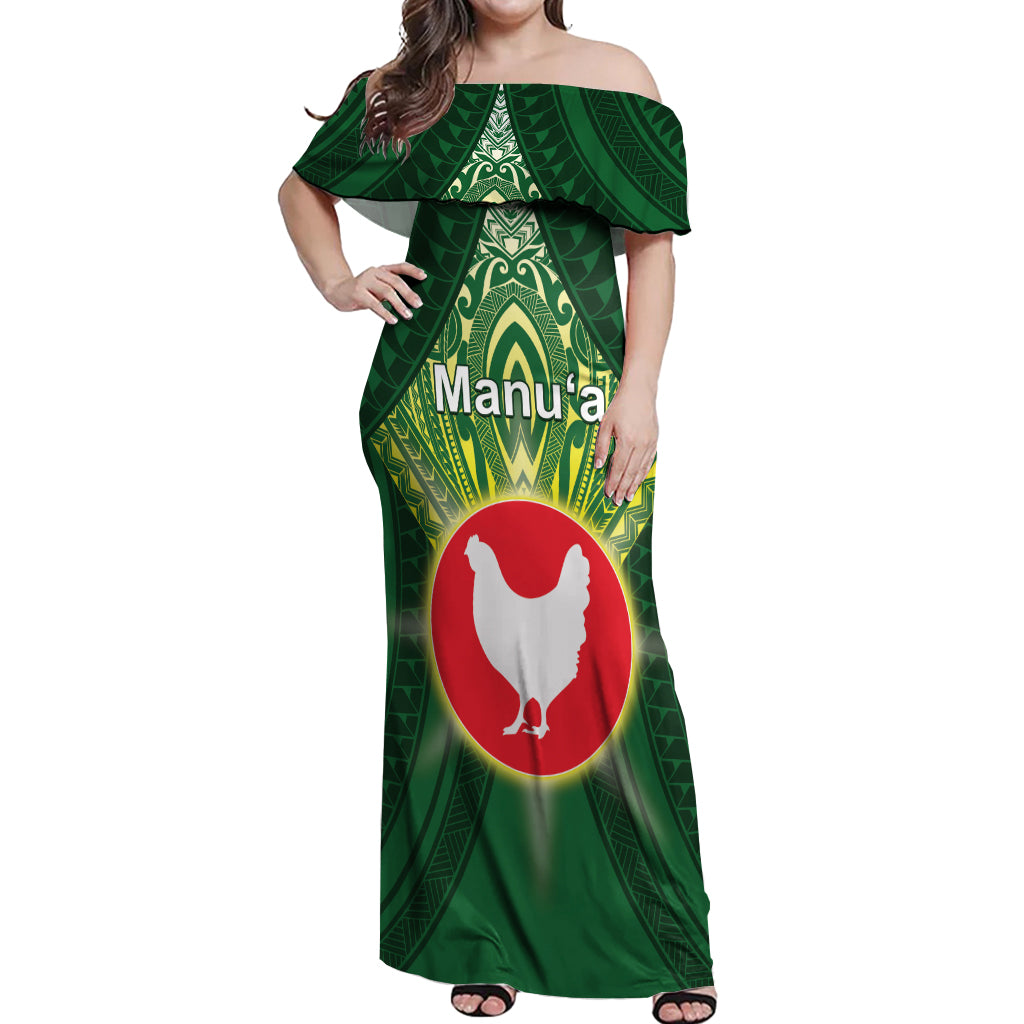 Personalized American Samoa Manu'a Cession Day Off Shoulder Maxi Dress With Polynesian Pattern LT05 Women Green - Polynesian Pride