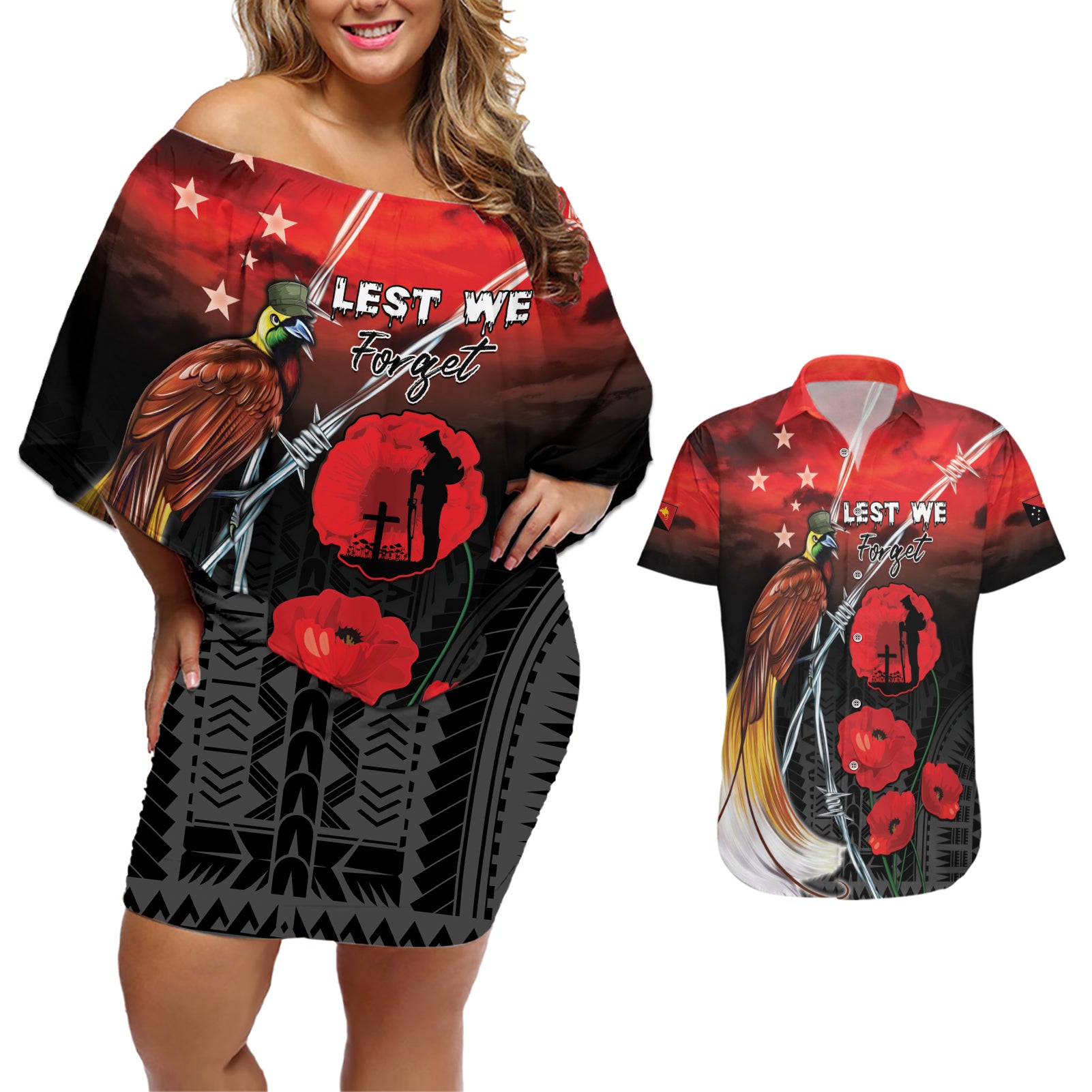 Papua New Guinea Remembrance Day Couples Matching Off Shoulder Short Dress and Hawaiian Shirt Lest We Forget