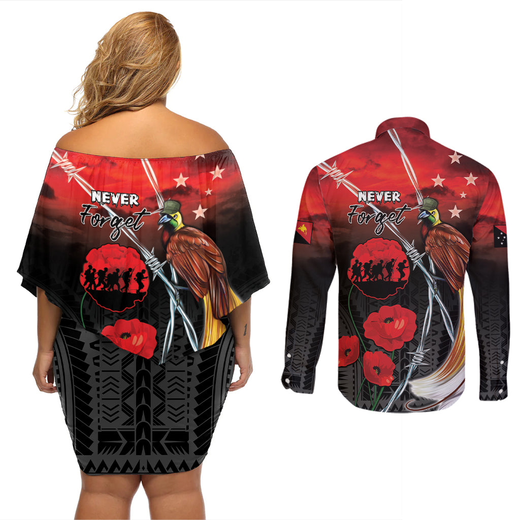 Papua New Guinea Remembrance Day Couples Matching Off Shoulder Short Dress and Long Sleeve Button Shirt Lest We Forget