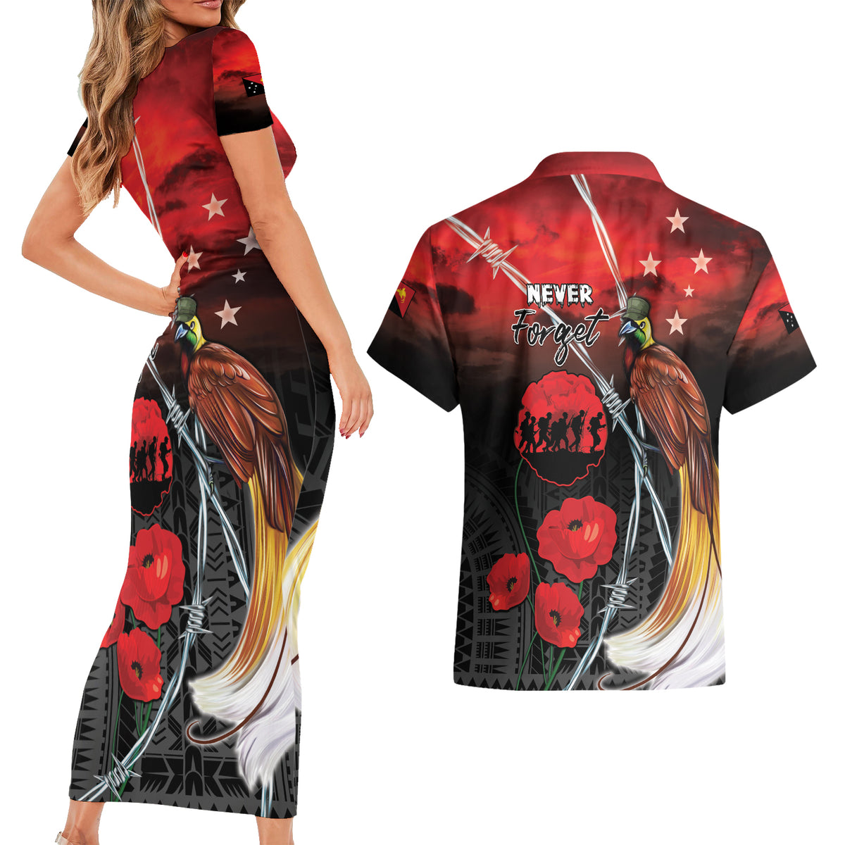 Papua New Guinea Remembrance Day Couples Matching Short Sleeve Bodycon Dress and Hawaiian Shirt Lest We Forget