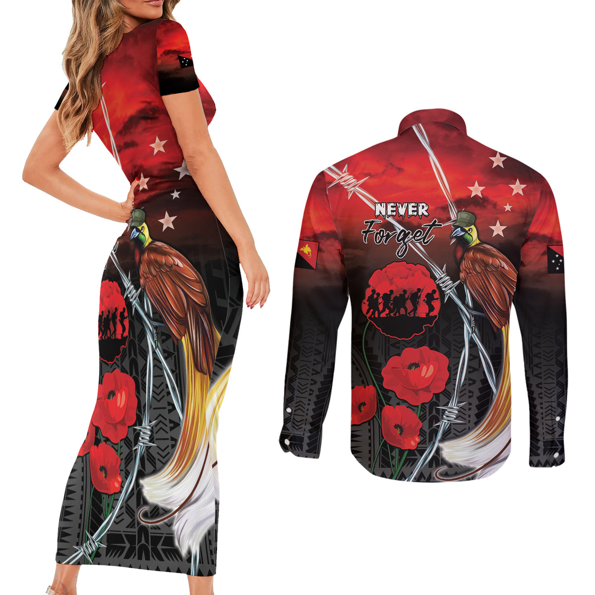 Papua New Guinea Remembrance Day Couples Matching Short Sleeve Bodycon Dress and Long Sleeve Button Shirt Lest We Forget