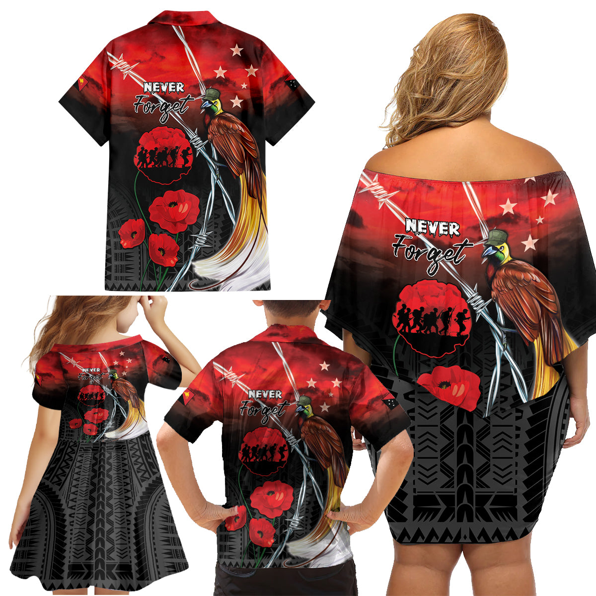 Papua New Guinea Remembrance Day Family Matching Off Shoulder Short Dress and Hawaiian Shirt Lest We Forget