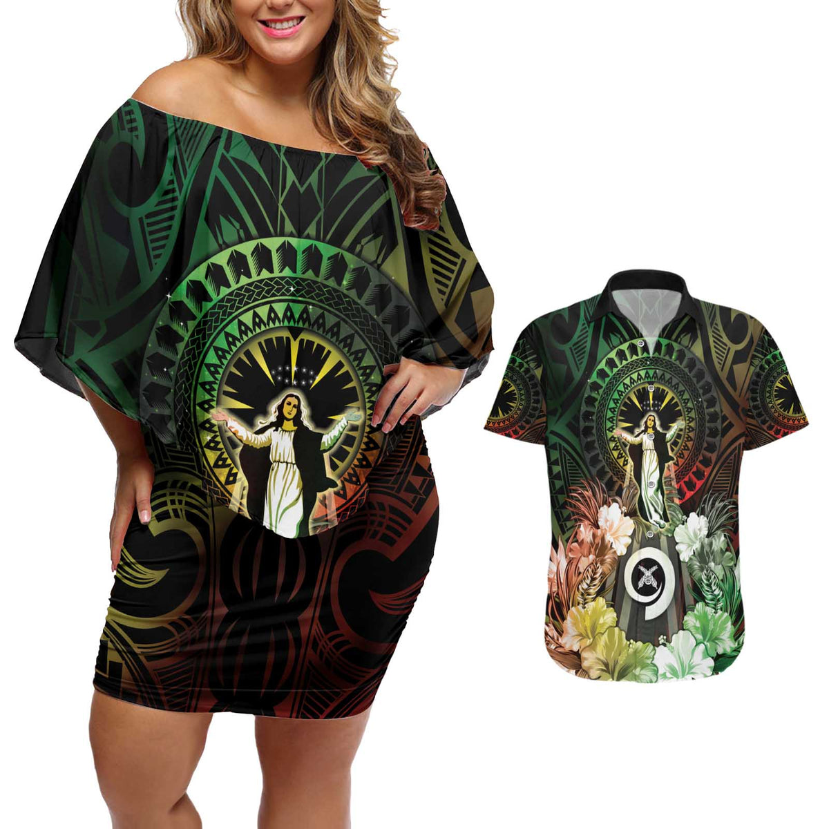 Vanuatu Happy Assumption Day Couples Matching Off Shoulder Short Dress and Hawaiian Shirt