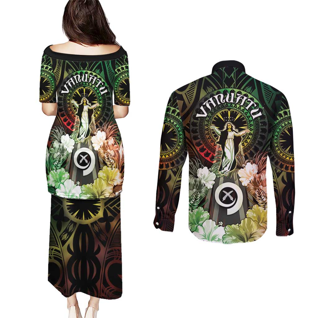 Vanuatu Happy Assumption Day Couples Matching Puletasi and Long Sleeve Button Shirt