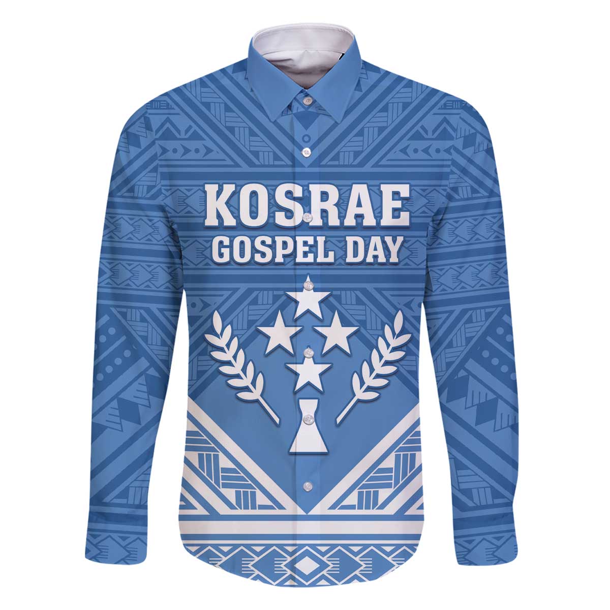 Personalised Kosrae State Gospel Day Family Matching Off Shoulder Short Dress and Hawaiian Shirt Simple Style LT05 Dad's Shirt - Long Sleeve Blue - Polynesian Pride