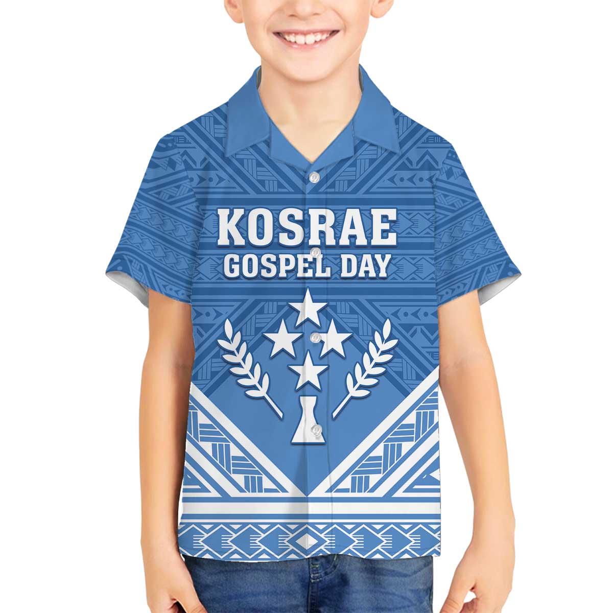 Personalised Kosrae State Gospel Day Family Matching Off Shoulder Short Dress and Hawaiian Shirt Simple Style LT05 Son's Shirt Blue - Polynesian Pride