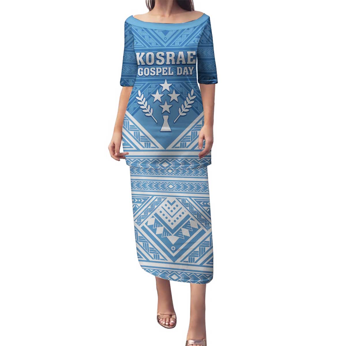 Personalised Kosrae State Gospel Day Family Matching Puletasi and Hawaiian Shirt Simple Style LT05 Mom's Dress Blue - Polynesian Pride