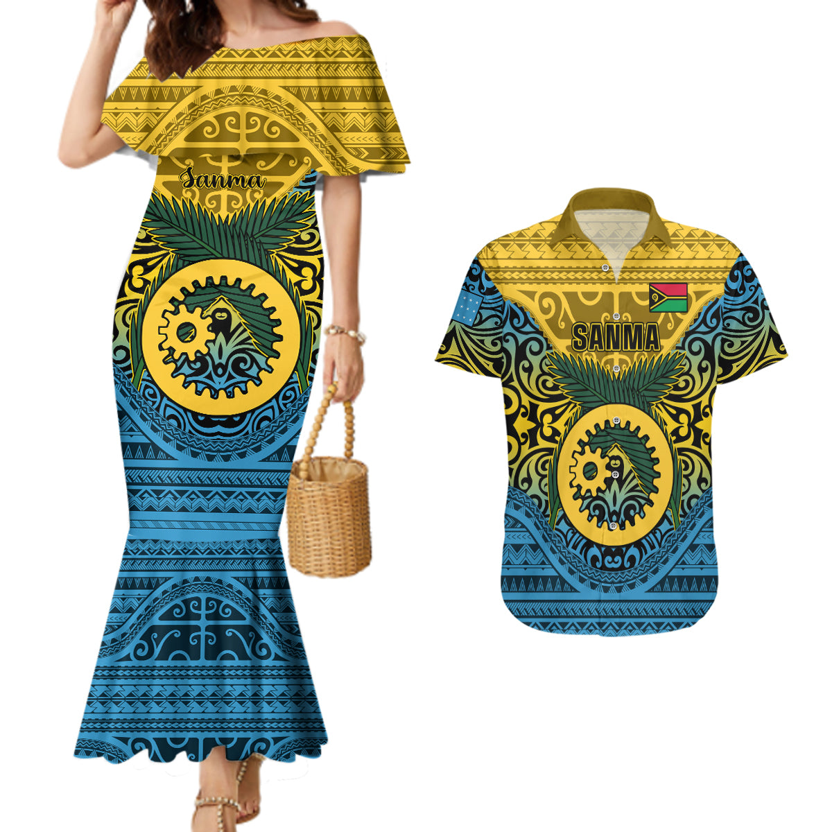 Vanuatu Sanma Province Couples Matching Mermaid Dress and Hawaiian Shirt Coat Of Arms And Namele Fern Polynesian Pattern LT05 Yellow - Polynesian Pride