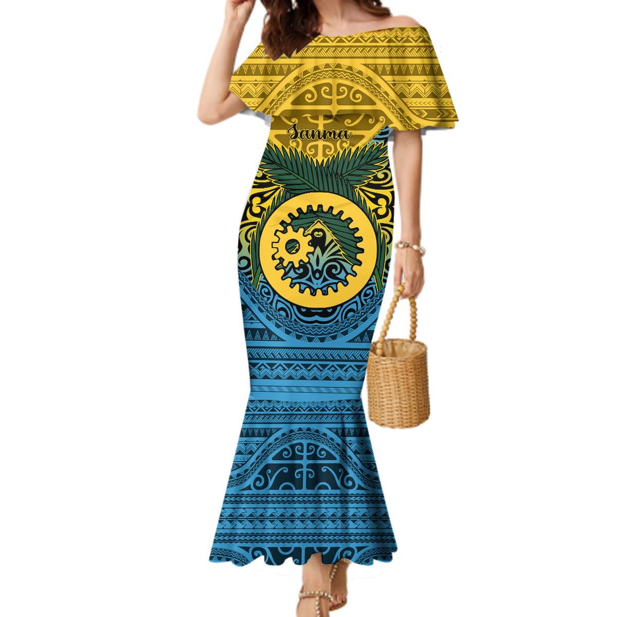 Vanuatu Sanma Province Mermaid Dress Coat Of Arms And Namele Fern Polynesian Pattern LT05 Women Yellow - Polynesian Pride