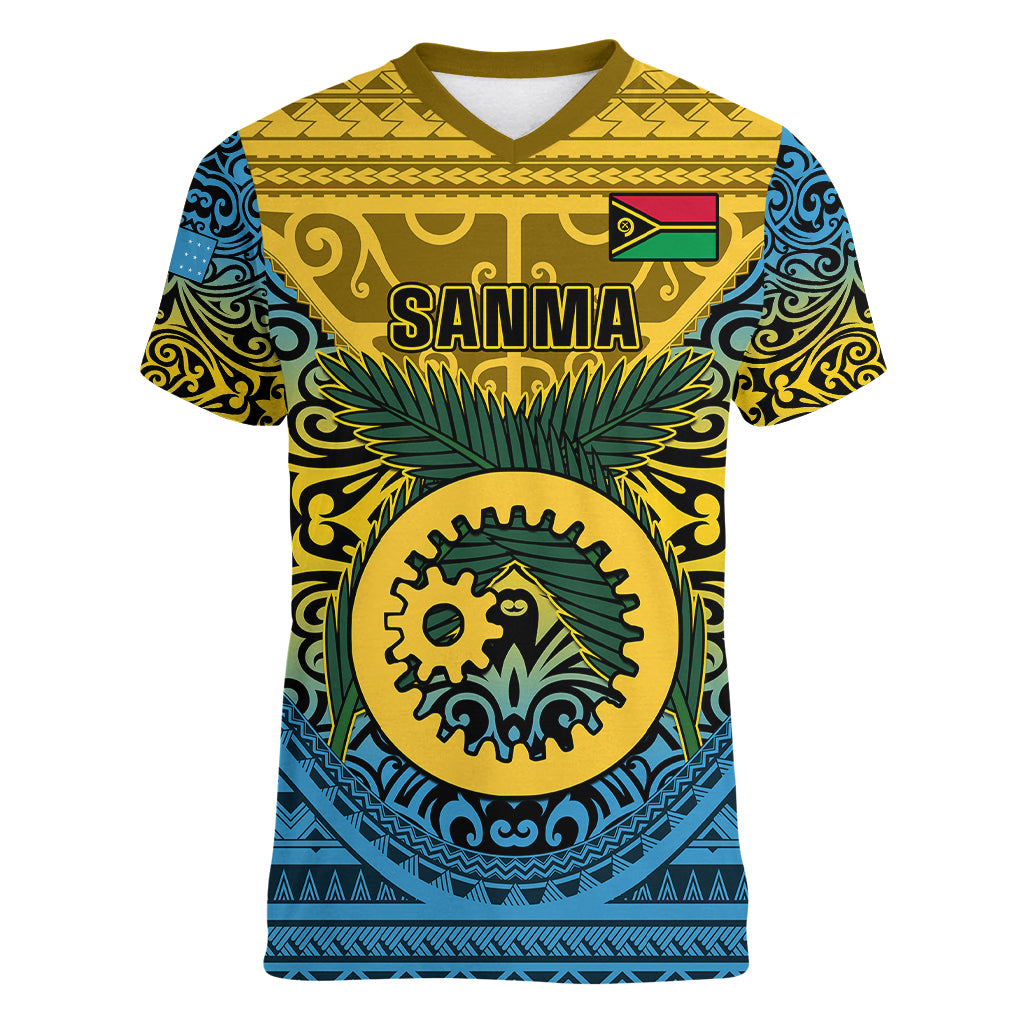 Vanuatu Sanma Province Women V Neck T Shirt Coat Of Arms And Namele Fern Polynesian Pattern LT05 Female Yellow - Polynesian Pride
