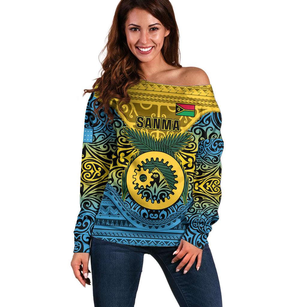 Personalized Vanuatu Sanma Province Off Shoulder Sweater Coat Of Arms And Namele Fern Polynesian Pattern LT05 Women Yellow - Polynesian Pride